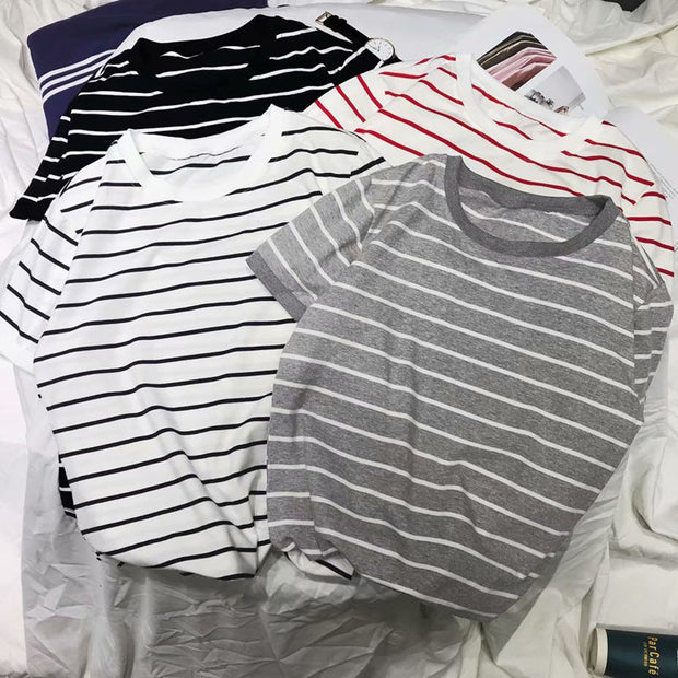 Casual striped short-sleeved T-shirt trend simple and versatile