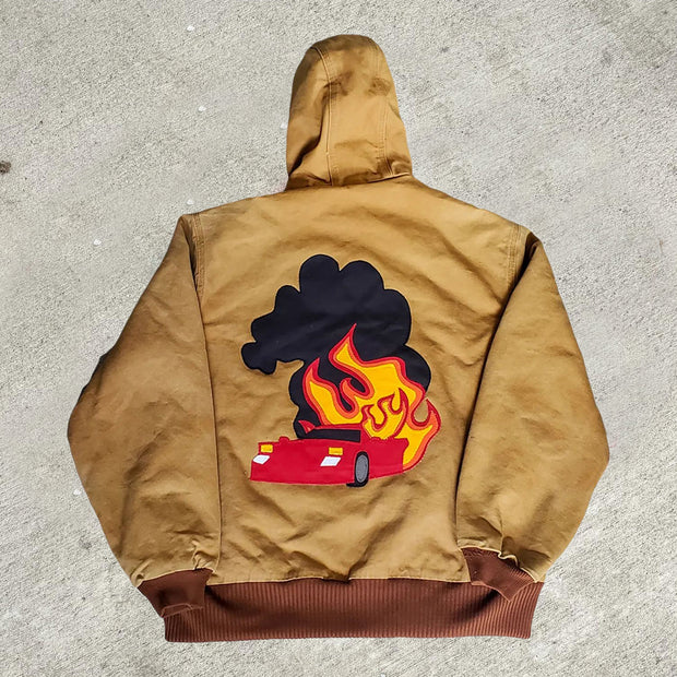 Contrast lettering zip-up hooded lined jacket