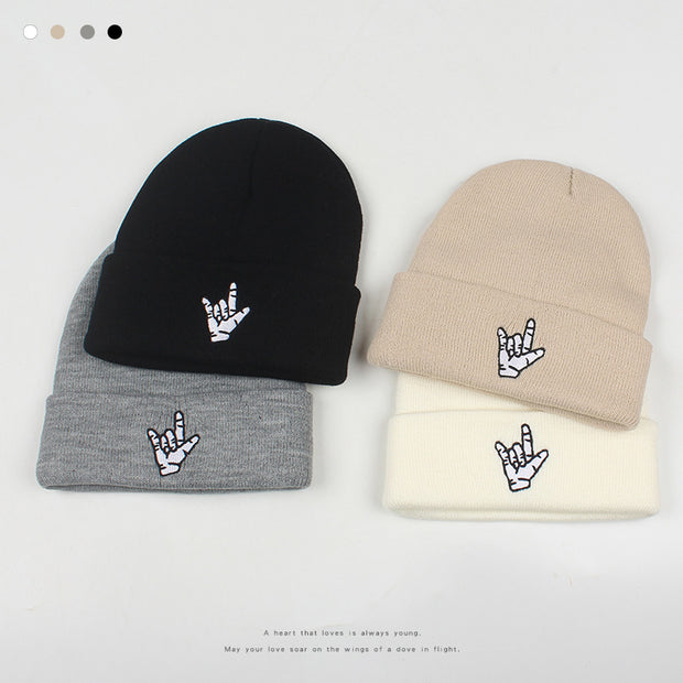 Rap gesture embroidery men's and women's knitted hat