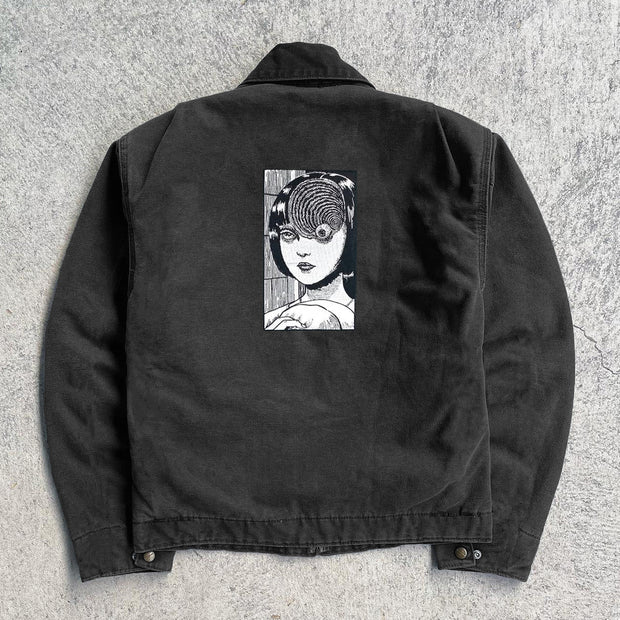 Fashion Comic Printed Long Sleeve Zipper Multi-Pocket Jacket