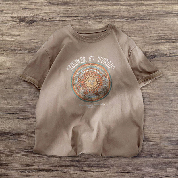 Outdoor retro print round neck short-sleeved T-shirt