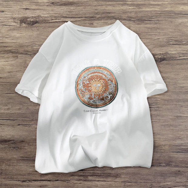 Outdoor retro print round neck short-sleeved T-shirt