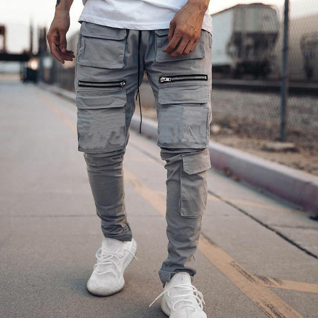 Zip running track trousers multi-pocket slim-fit cargo casual trousers