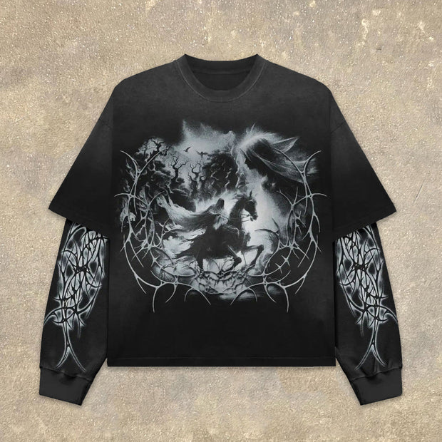 Fake Two Knight Print Long Sleeve T-Shirt