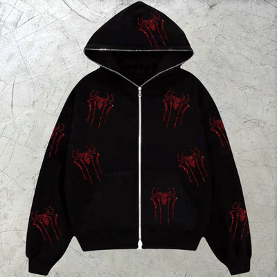 Rhinestone Spider Full Zipper Hoodie