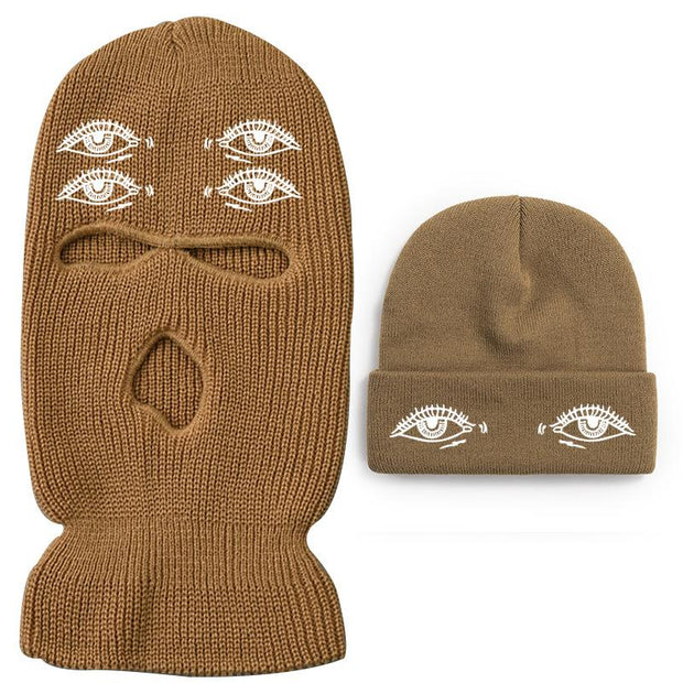 Eyes three-hole couple knit Beanie Two Piece