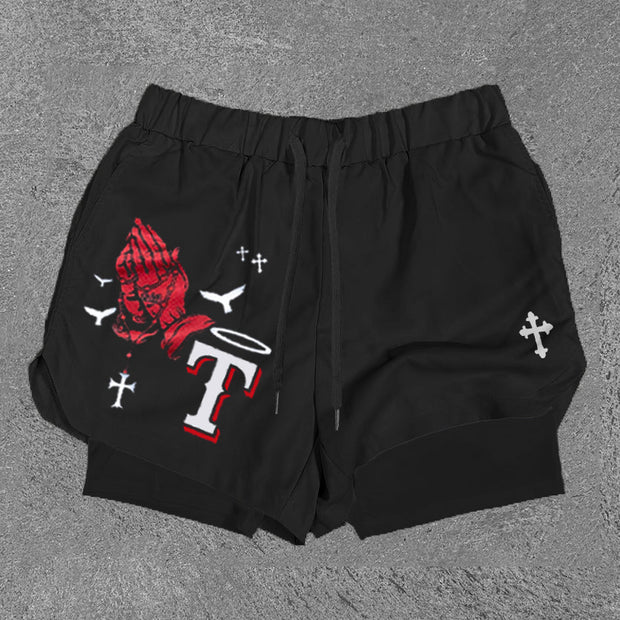 Praying Hands & T Print Double Layer Shorts