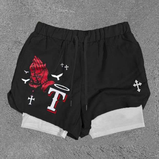 Praying Hands & T Print Double Layer Shorts
