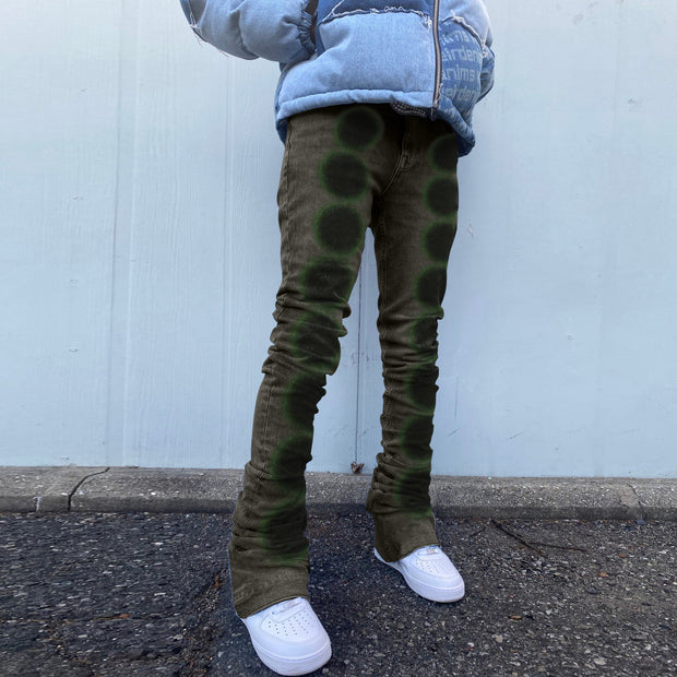 Spray-painted gradient green straight-leg retro-design frayed jeans