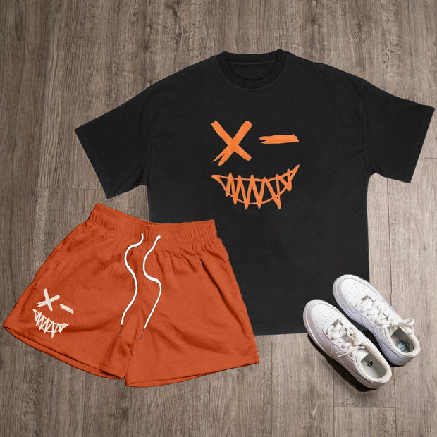 Funny Smiley Print T-Shirt Shorts Two-Piece Set