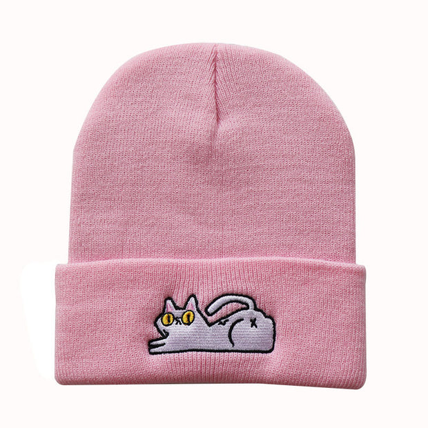 Cute Lazy Cat Embroidery Knitted Beanies