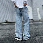 Trendy retro star embroidered denim street straight hip-hop trousers