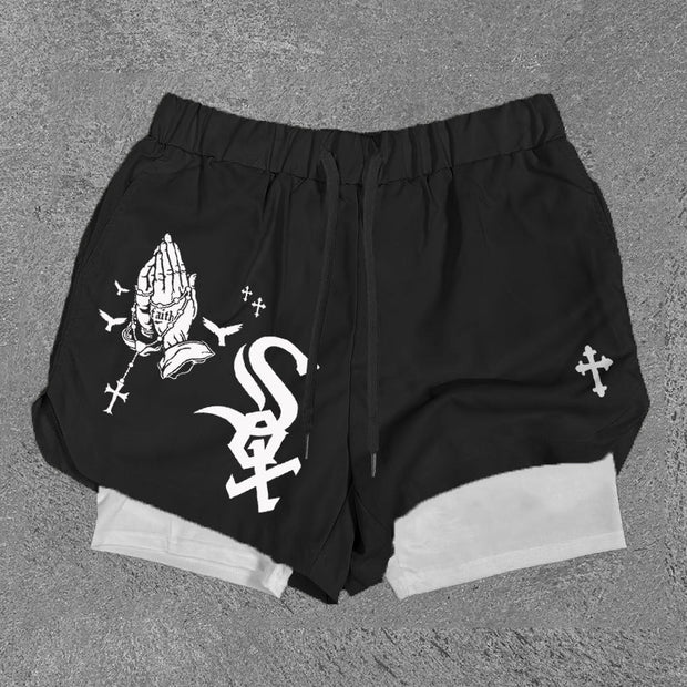 Praying Hands & Sox Print Double Layer Shorts