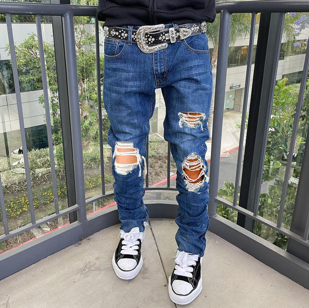 Solid Color Personalized Ripped Slim Vintage Jeans