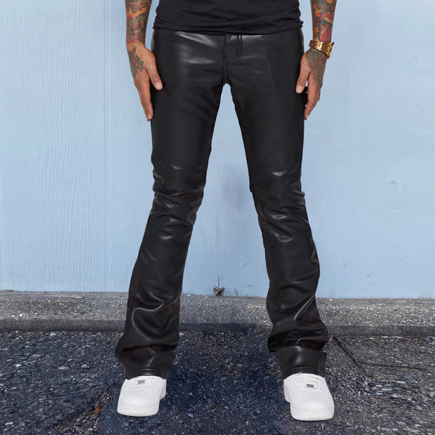 Solid color PU leather slim fit flared casual pants