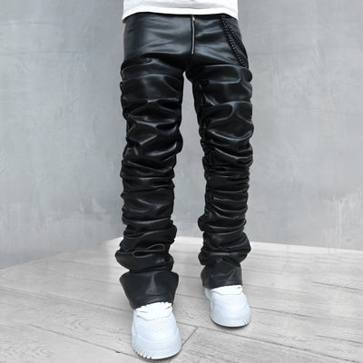 Solid color fashion street shooting casual piles of pants and leather pants