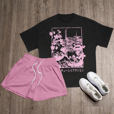 Japanese Print T-Shirt Shorts Two-Piece Set