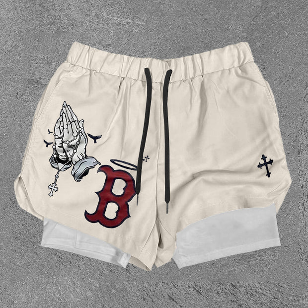 Praying Hands & B Print Double Layer Shorts