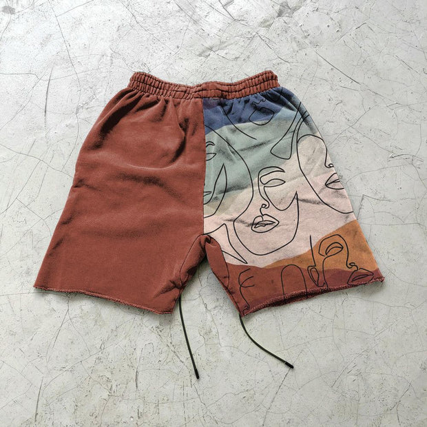 Line print stitching contrast casual shorts