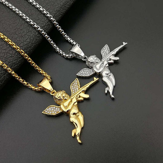 Vengeance angel necklace in titanium steel with gold plated diamonds