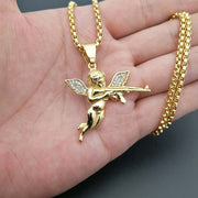 Vengeance angel necklace in titanium steel with gold plated diamonds