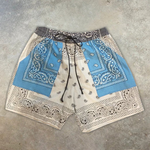 Blue and white contrast turban print shorts
