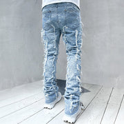 Blue Ripped Fringed Stacked Pants
