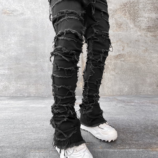 Black Vintage Ripped Jeans Straight Micro Flared Pants