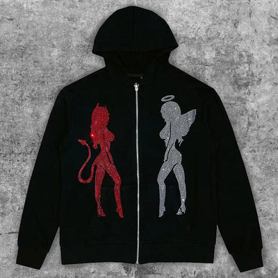 Rhinestones Angel and Demon Hoodie