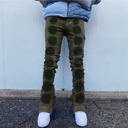 Spray-painted gradient green straight-leg retro-design frayed jeans