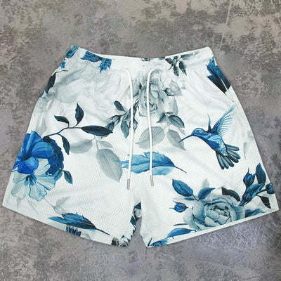 Blue Birds Flowers Sports Shorts