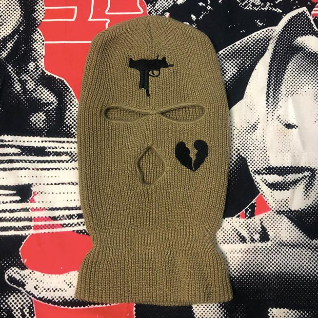Broken heart Embroidered Three-hole cap ski mask Beanies