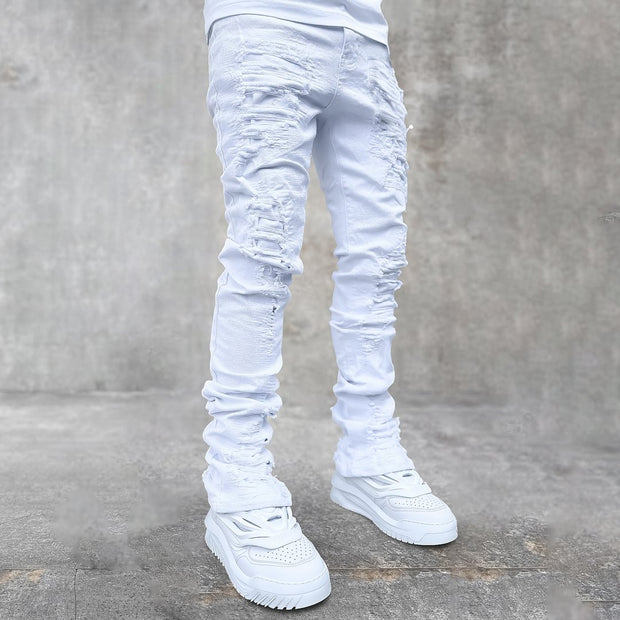 White Vintage Ripped Jeans Straight Micro Flared Pants