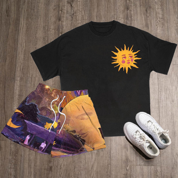 Sun Print T-Shirt Shorts Two-Piece Set