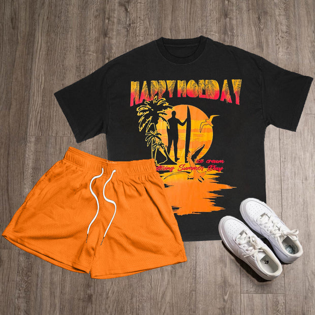 Happy Holiday Print T-Shirt Short Sleeve Two Piece Set