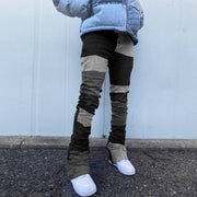 Trendy patchwork flared denim trousers