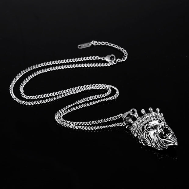 Hip Hop Trendy Diamond Necklace Crown Lion Head Pendant