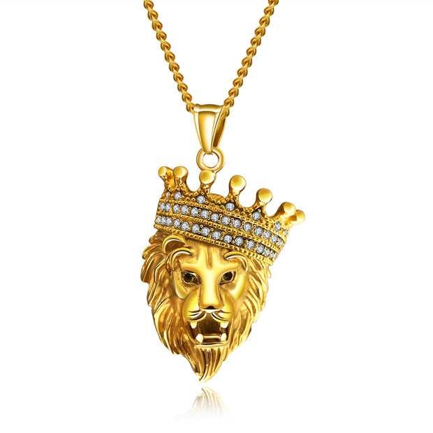 Hip Hop Trendy Diamond Necklace Crown Lion Head Pendant